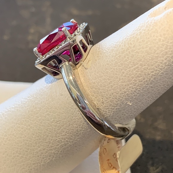 Sterling Silver Synthetic Ruby & Diamond Halo Ring - Picture 5 of 5